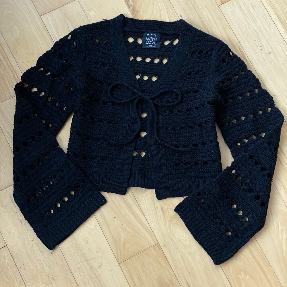 Dark Femme Gothic Boho Chic Crochet Tie Front Bell Sleeve Black Cropped Cardigan